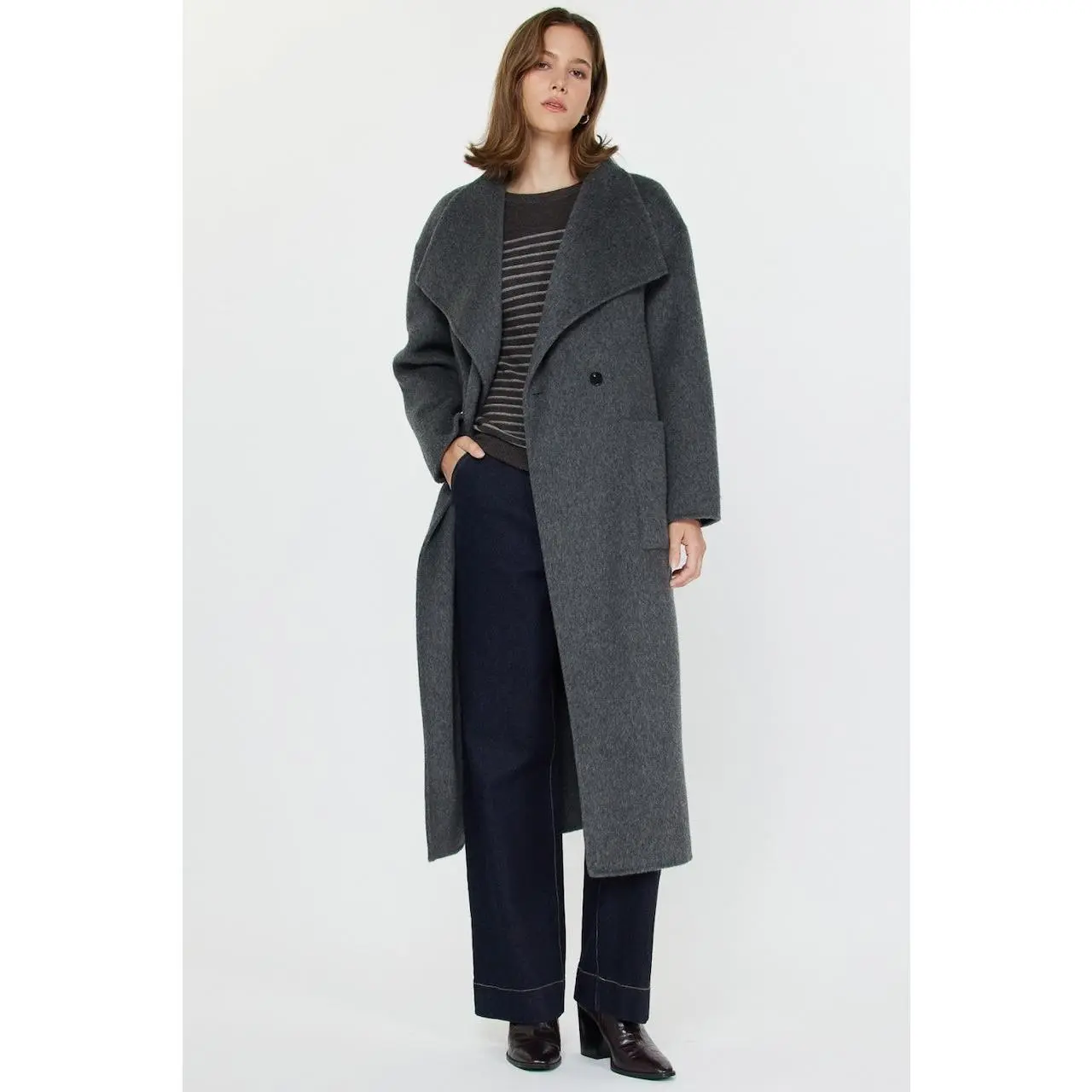 Long Gray Wool Coat - 100% Wool Oversized Wrap Belted Coat