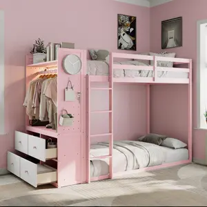 [Bellemave]Twin Size Bunk Bed with 4 Storage Drawers, Hanging Rail, Light Strip and Built-in Shelves & Dual Pegboards, 3 Colors Available,Pink