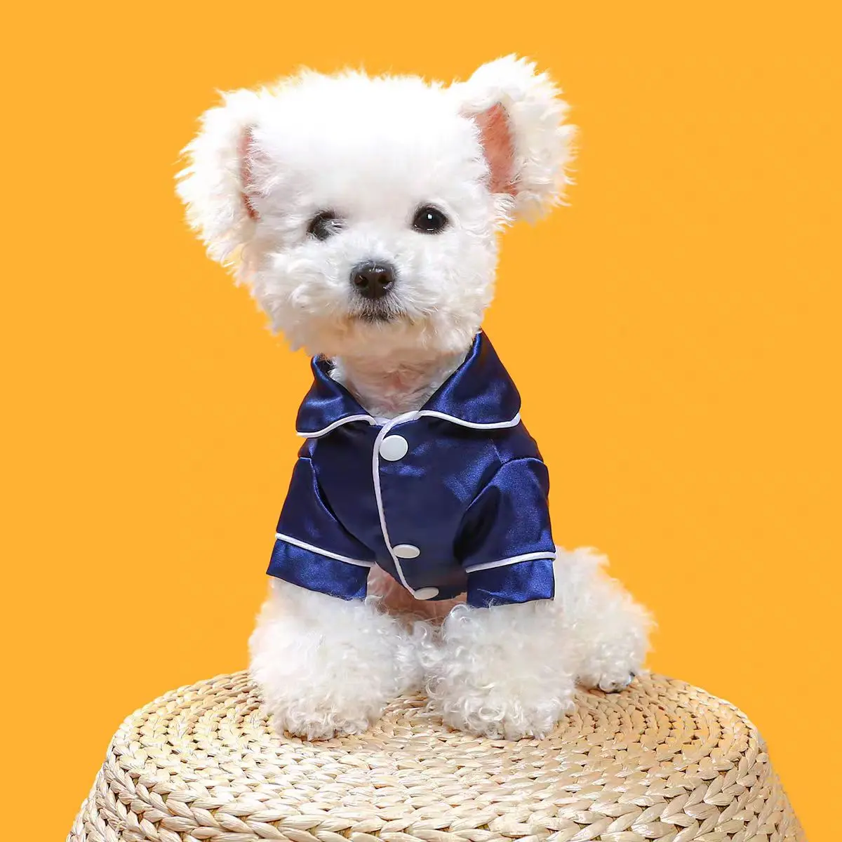 Dog & Cat Satin Sleepwear Dress - Peter Pan Collar, Lace Detailing, Button Front, Contrast Binding, Polyester Fiber, Seasonal Versatility, Warm Loungewear for Pets