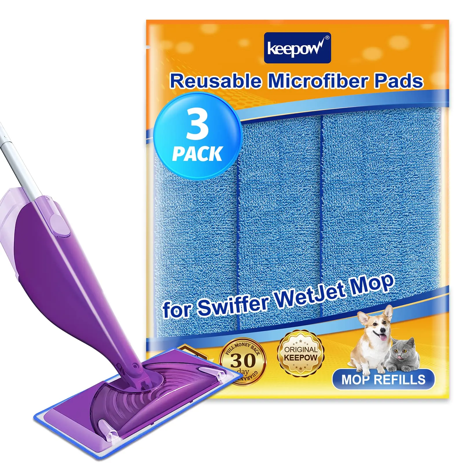 KEEPOW 5703M Microfiber Mop Heads Replacement (3 Pack, Blue, 11.8x5.5"), Reusable Machine-Washable Absorbent Powermop Refills, Wet & Dry Cleanup Pads for Hardwood, Tile, Stone Ready Floors