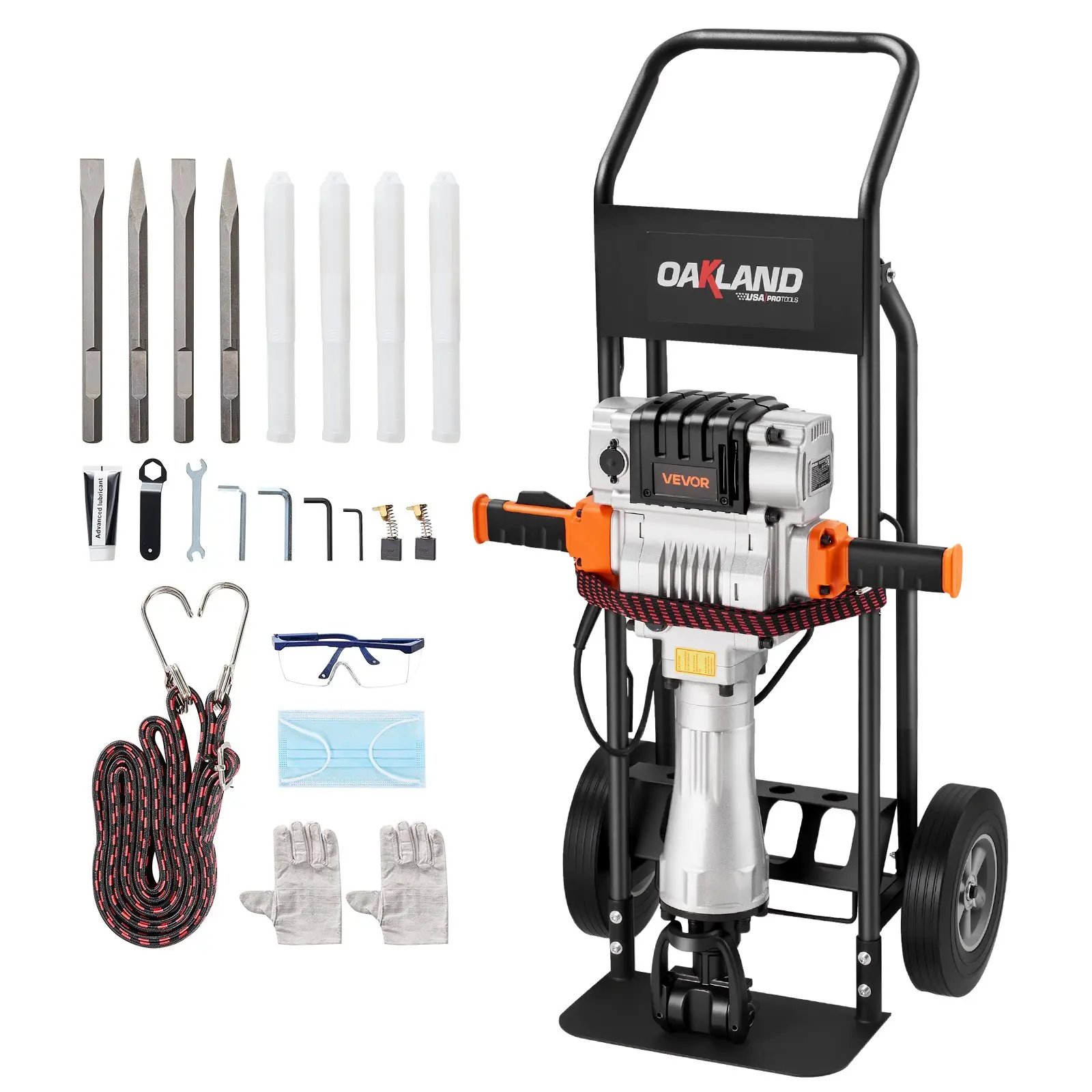 【DealsForYouDays】VEVOR Demolition Jack Hammer, 2100 W Powerful Electric Jackhammer, 1650 BPM Concrete Breaker with 2 Point Chisels, 2 Flat Chisels, Hand Trolley, Gloves, for Concrete, Wall, Brick, Tile and Foundation