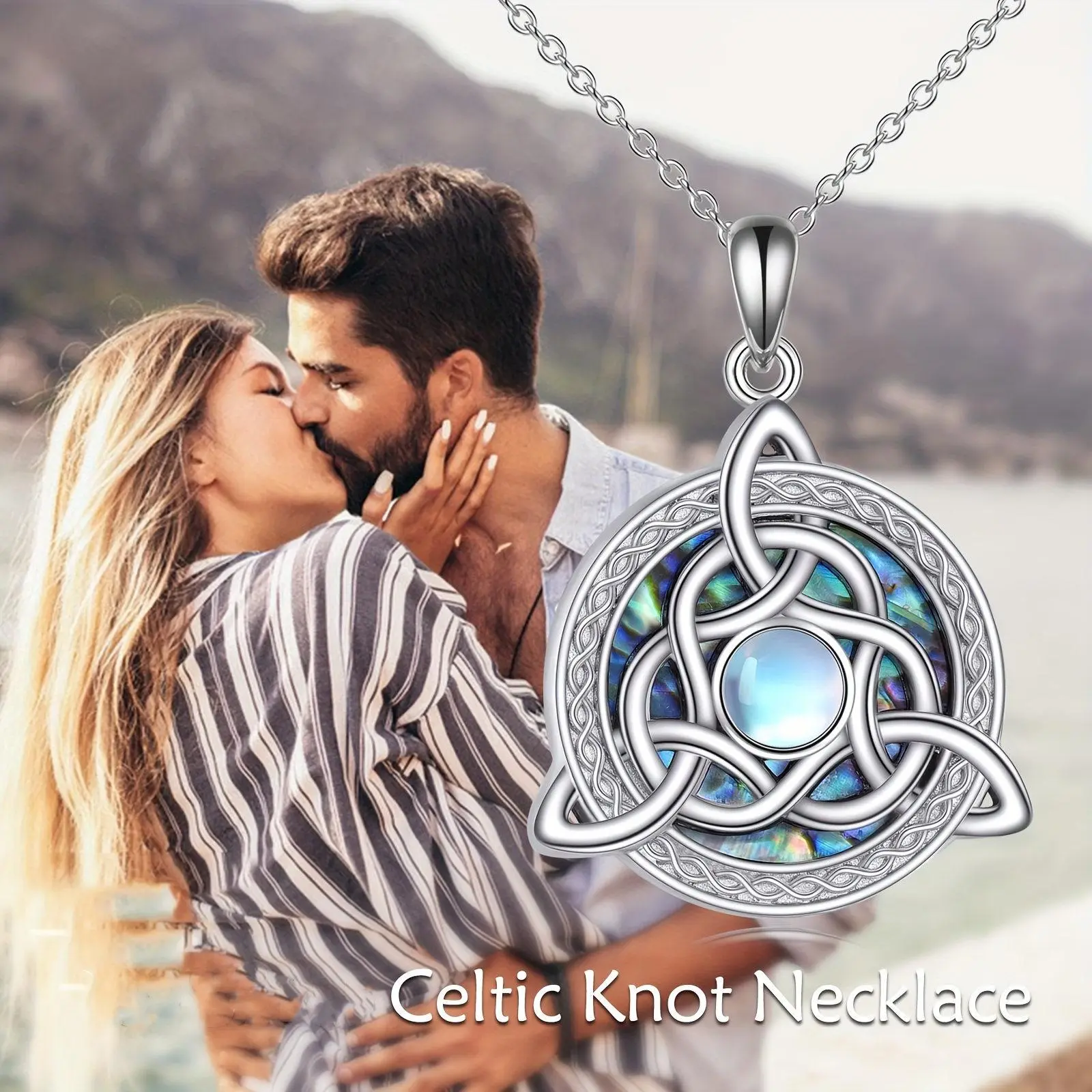 Celtic Knot Pendant Necklace with Iridescent Faux Moonstone | Unisex Boho Spiritual Jewelry on a Stainless Steel Chain | Meaningful Birthday Gift, Stainless Steel Jewelry, Meaningful Gifts, Boho Streetwear Statement, Casual, Geometric, Handmade Necklaces,