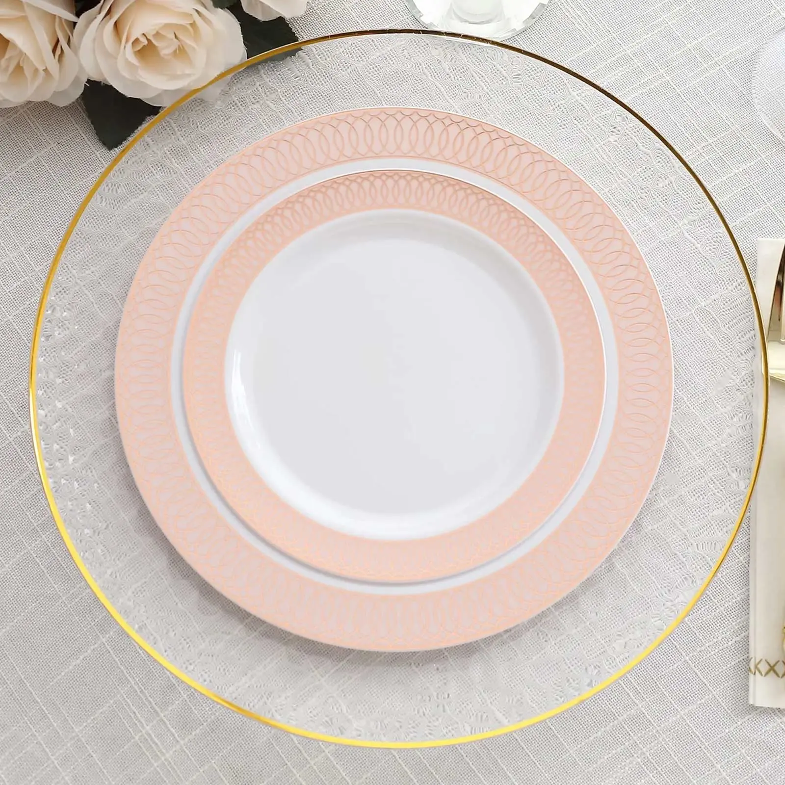 7 in Round Shape Disposable Plastic Dessert Plates - 10-Pack White with Blush Rim Rose Gold Spiral, Home & Festive Party Supplies for Wedding, Baby Shower