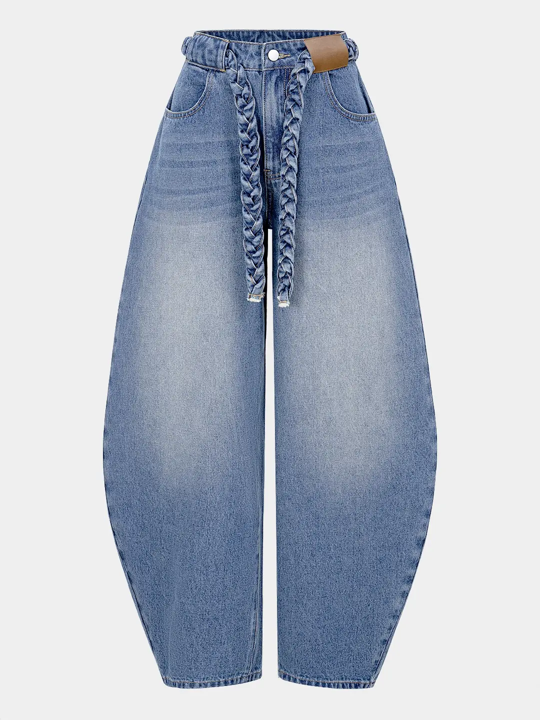 Women's 90s High-Waisted Belted Wide-Leg Denim Bottoms - No-Stretch, Fitted Cut, Pockets, Basic Jeans Made of Polyester and Cotton