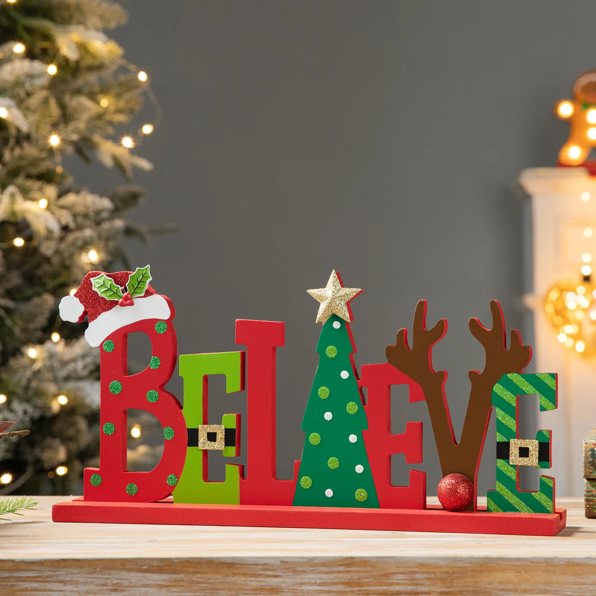Glitzhome 14-In MDF Wood Christmas "BELIEVE" Table Decoration, Modern Durable Indoor Accent with Sturdy Base for Good Wishes, Festive Home Supplies Decor, Table Decor, Believe Wish