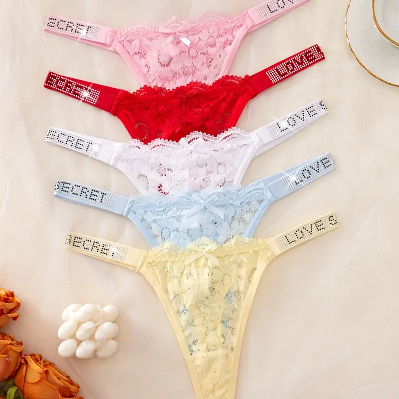 5-Pack Elegant Lace Thongs, Sparkly Letter Design, Slim-Fit Breathable Invisible Panties, Low-Waist Lingerie, Ideal for Weddings and Yoga, Lacy Panties