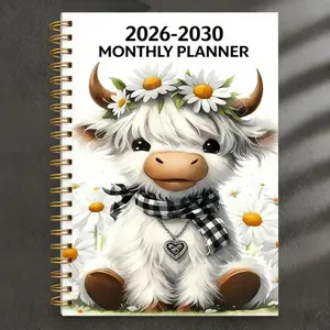 2026-2030 Calendar - From January 2026 to December 2030, 5-year calendar, cartoon Highland cow themed cover design, annual calendar planning, month labels, 60-month calendar, 13.97 cm X 21.08 cm, Planner Notebook, Monthly Planner