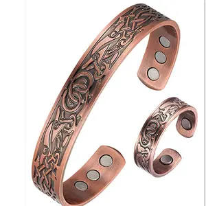 Men's Bronze Magnetic Bracelet Adjustable Open Bracelet Copper Jewelry Vintage Ring Bracelet Set