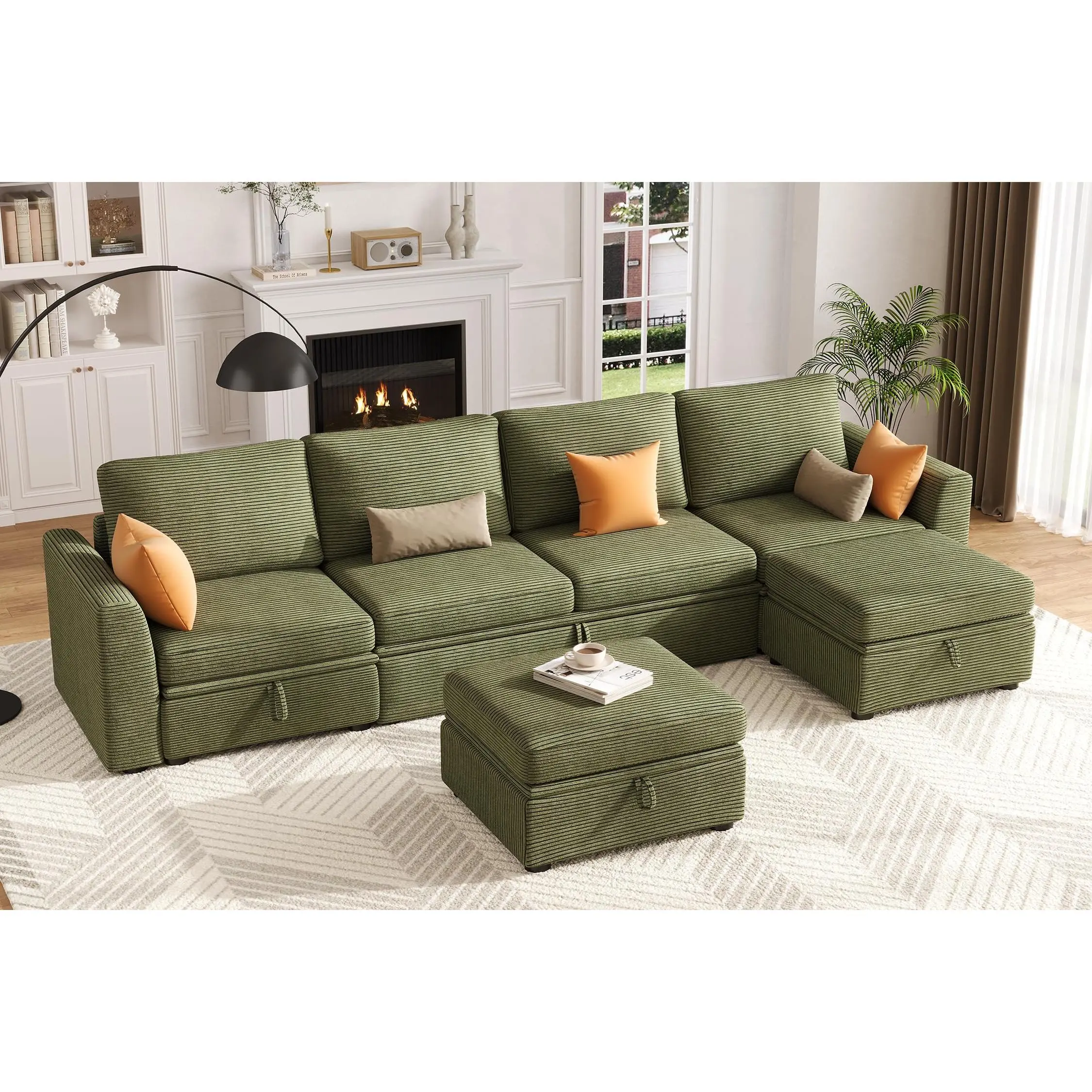 6 Seat U Shaped Corduroy Modular Sectional Sleeper Couch with Pull Out Sofa Bed L Shaped Storage Seat Couch and 2 Ottomans Large Sofa for Spacious Living Room
