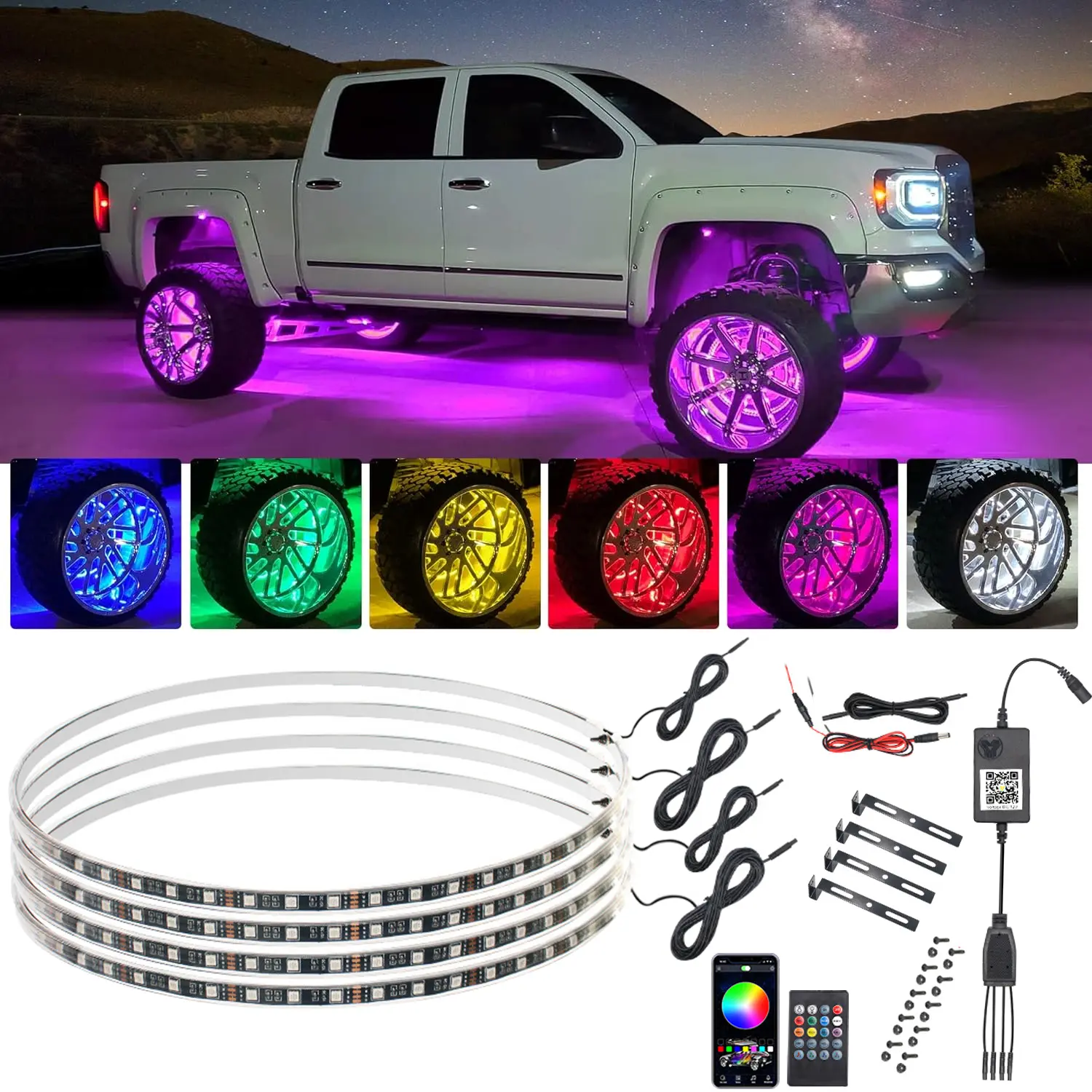 4PCS 17in Glow-in-the-Dark Waterproof Car Tire Wheel Lights - DIY Vehicle Accessories, Car Lighting, Exterior Upgrade with APP-Remote Control, Easy Installation for Night Drives, Whimsical Accessories