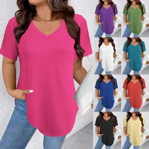 Womens T-shirts basic Short Sleeve V neck tops-plus size fashion loose lightweight casual tee summer clothes ﻿ fit pink Womenswear Everyday