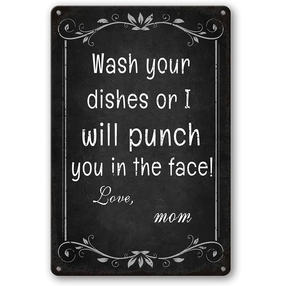 Aluminium Kitchen Decor Plaque-Sign, 8x12 in Funny Metal Wall Art with "Wash the dishes, or I'll hit you!" Quote, Cafe Style Speciality Decor for Home & Cafes, Decoration, Cafe Style Speciality Plaques & Signs