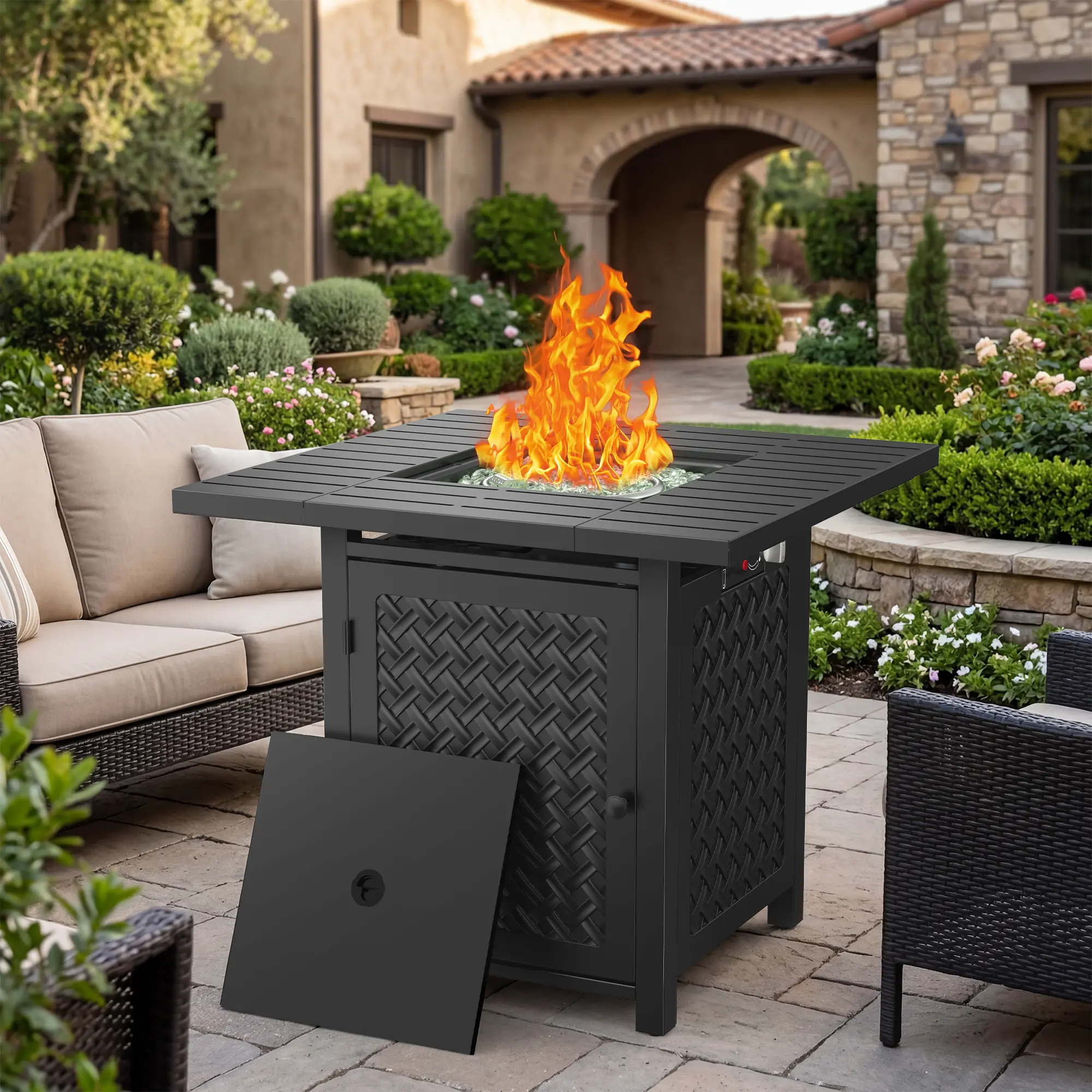FORIOUS 30-Inch Iron 2-in-1 Outdoor Propane Gas Fire Pit Table (50,000 BTU) - Rectangle Garden Patio Fire Pit Set with Glass Tabletop, Waterproof Cover, CSA Safety for Backyard, Deck, Outdoor Fire Pits