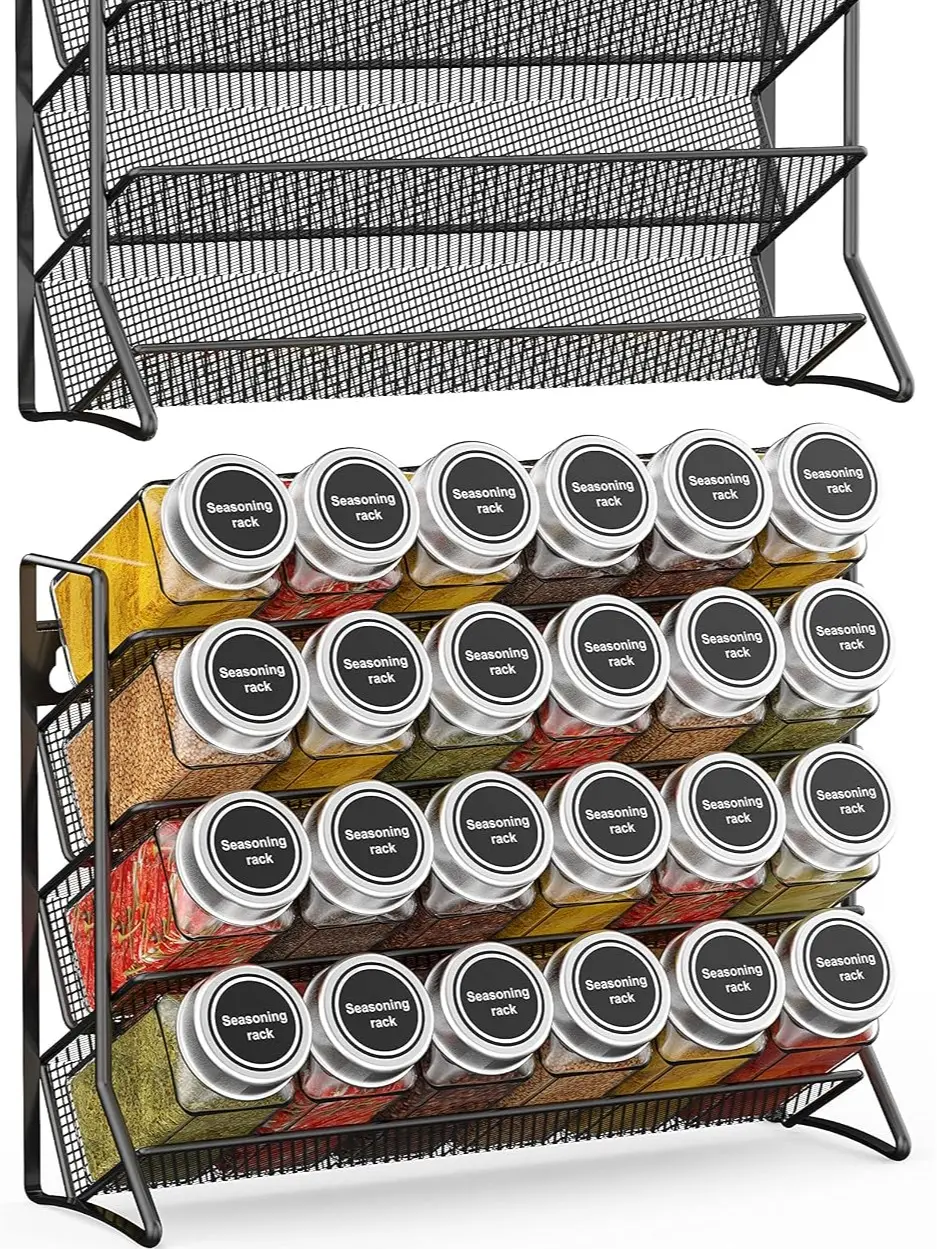 2-Pack 4 Tier Spice Rack Organizer, Wall Mount & Cabinet Spice Storage Rack for 4oz Spice Jars, Black Metal Hanging Spice Shelf for Pantry, Kitchen Cabinet & Door (Spice Jars Not Included)