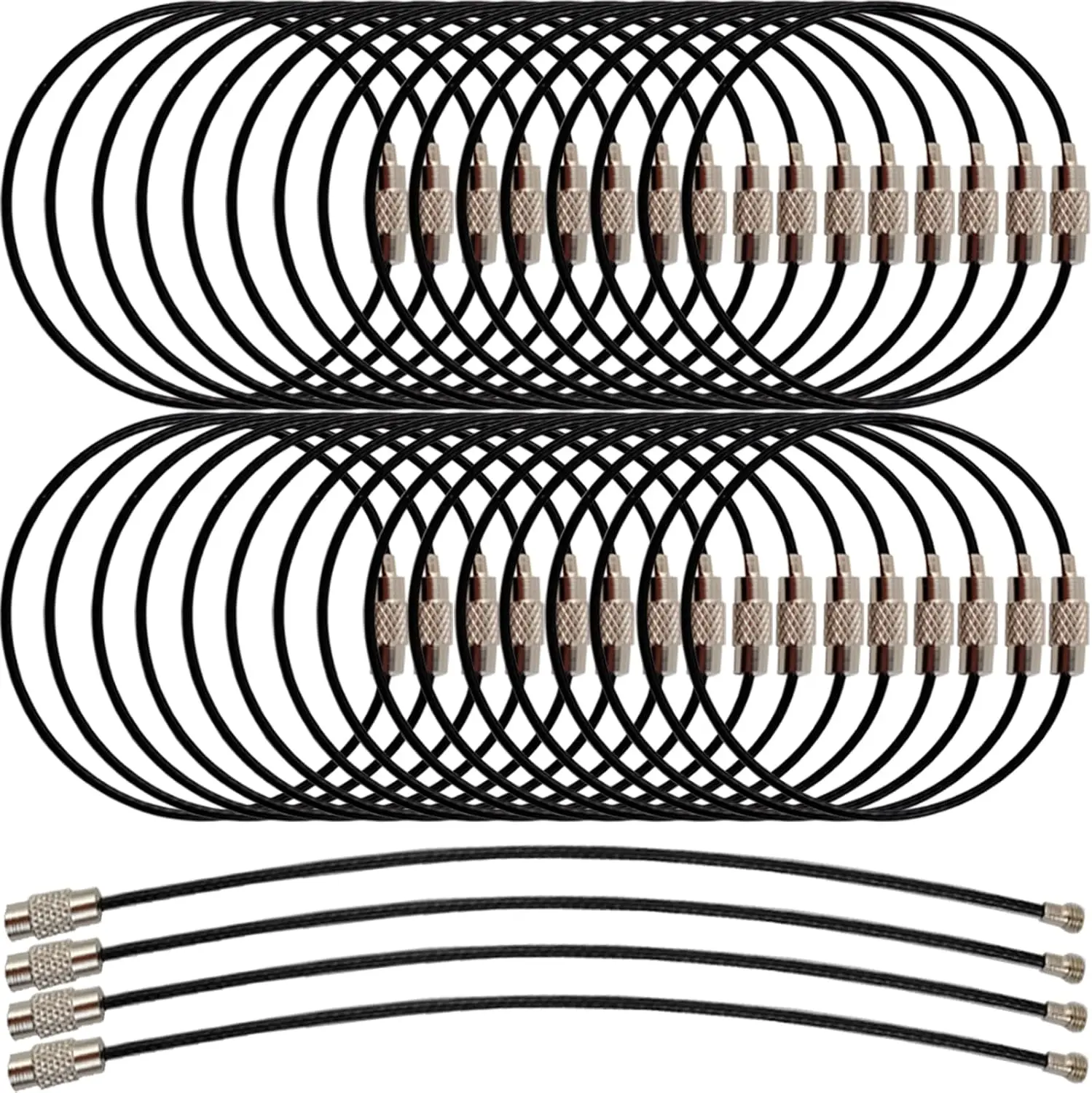 50PCS Black Stainless Steel Wire Keychains Cable, Key Rings, Heavy Duty Luggage Tags Loops Tag Keepers 1.5mm Twist Barrel (Cable Length: 5.9 inches)