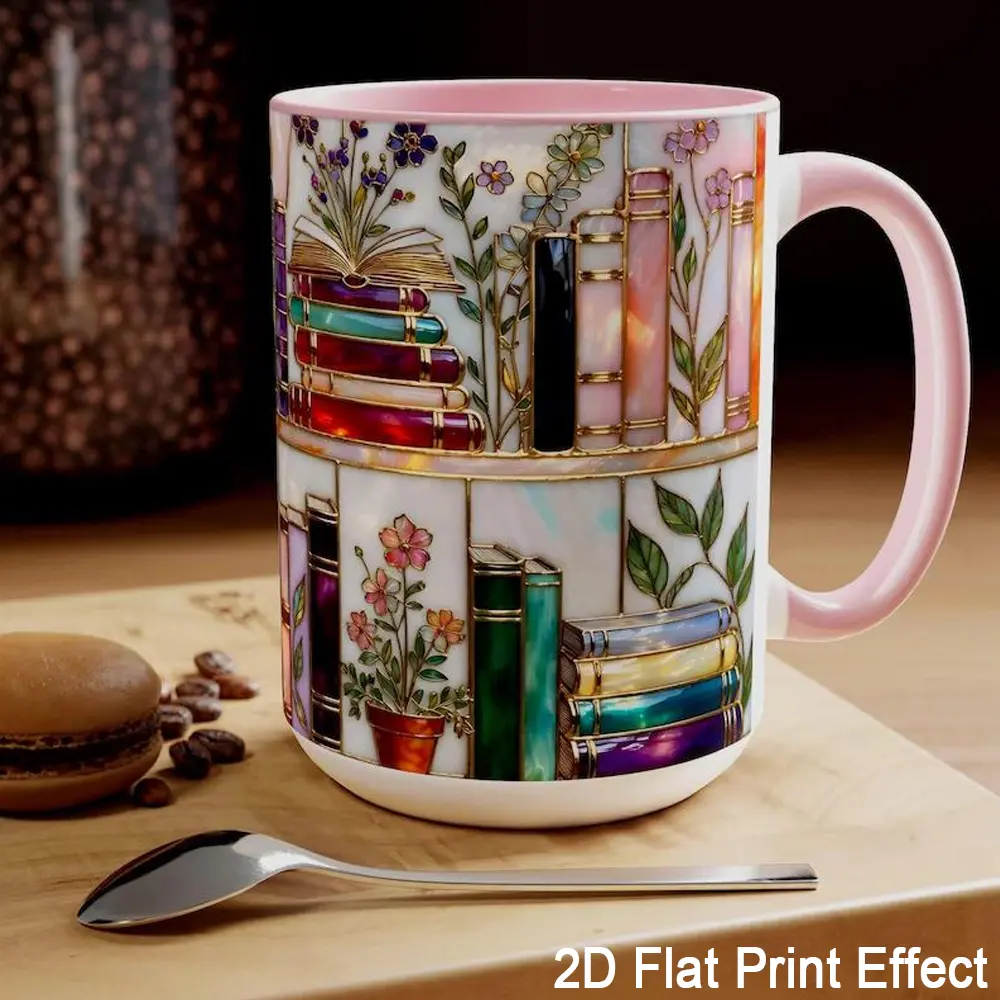 Floral Bookshelf 15oz 11oz Mug, Book Lover Gift, 2D Flat Printed Stained-Glass Effect Bookish Mug, Library Cup, 11oz Tea Cup, Large Ceramic Mug, Coffee Mug, Gift for Friends, Kitchen Drinkware, dealsforyou, summerwins, midyearsale, dealsforyoudays