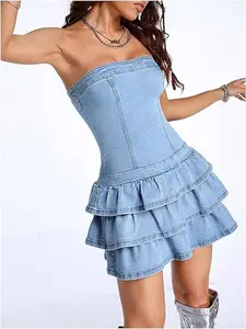 Women's Sexy Jeans Denim Strapless Dresses Bodycon Corset Tube Mini Dress