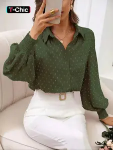 Elegant Textured Fabric Lantern Sleeve Shirt Blouse for Spring & Fall, Perfect for Work & Daily Wear, Stylish Plain Design