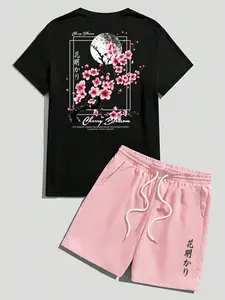 Two-Piece Set Men's Cherry & Letter Print Japanese Style Regular Fit Short Sleeve Tee & Short Set, Streetwear Casual Co-ord for Summer, Going Out Outfit for Outdoor Fitted Menswear