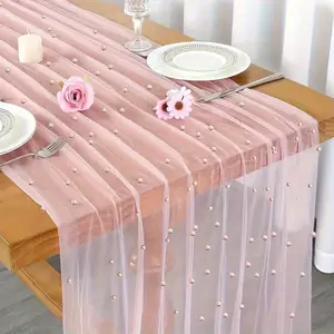 Pearl-Patterned Pink Tulle Table Runner with Bohemian Country Lace Design—Perfect for Festive Bridal Gift Parties, Weddings, Birthdays, Arch Decorations, and Dessert Table Decorations