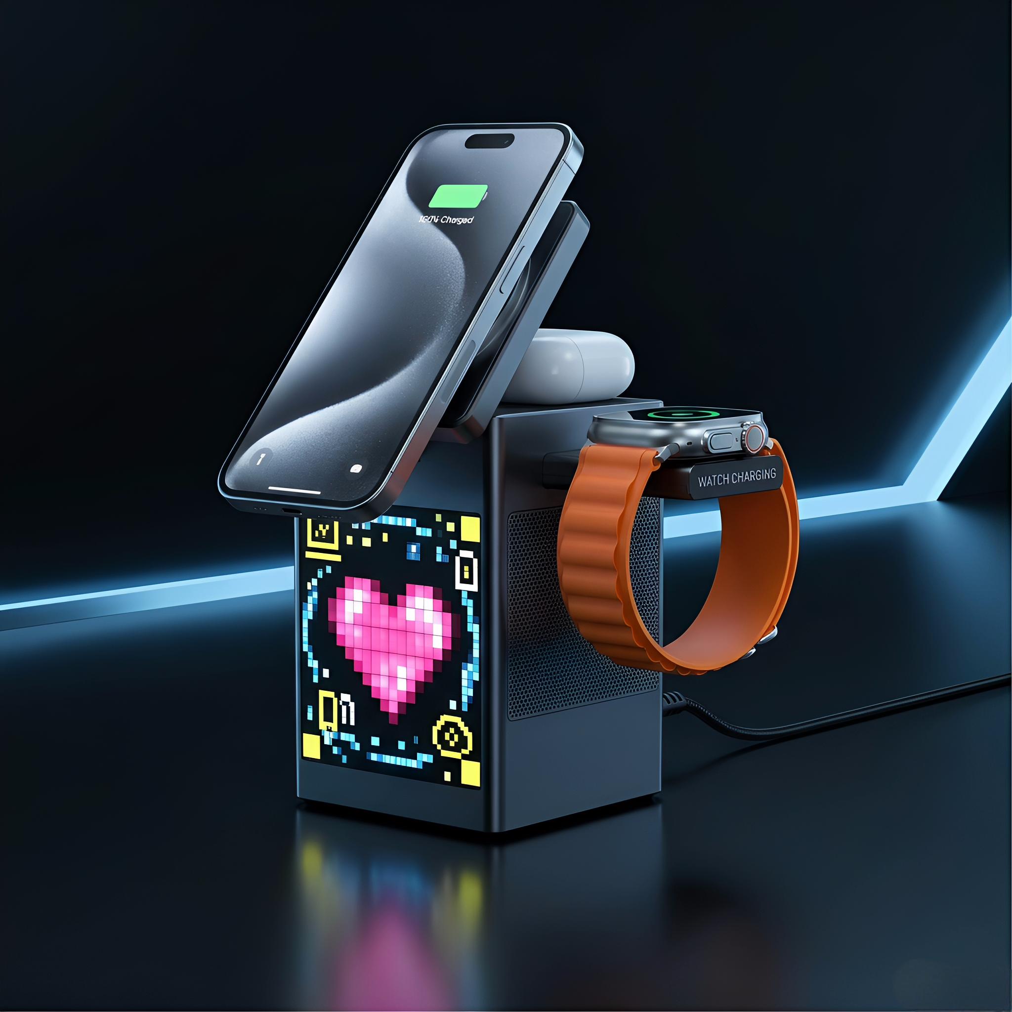 6-in-1 MagSafe-Compatible Magnetic Charger | with Clock & Pixel Display | Multi-Device Desktop Charging Station | Smart Travel Companion for March Madness, Spring Break, World Cup & Easter