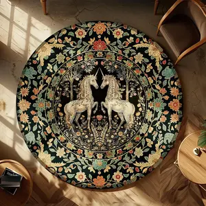 Round Vintage Unicorn Pattern Rug, 1 Count Non-slip Soft Floor Mat, Creative Foldable Machine Washable Rug for Home Living Room Bedroom, Decorative Area Rug, Vintage Printed Rug, Durable Decorative Mat