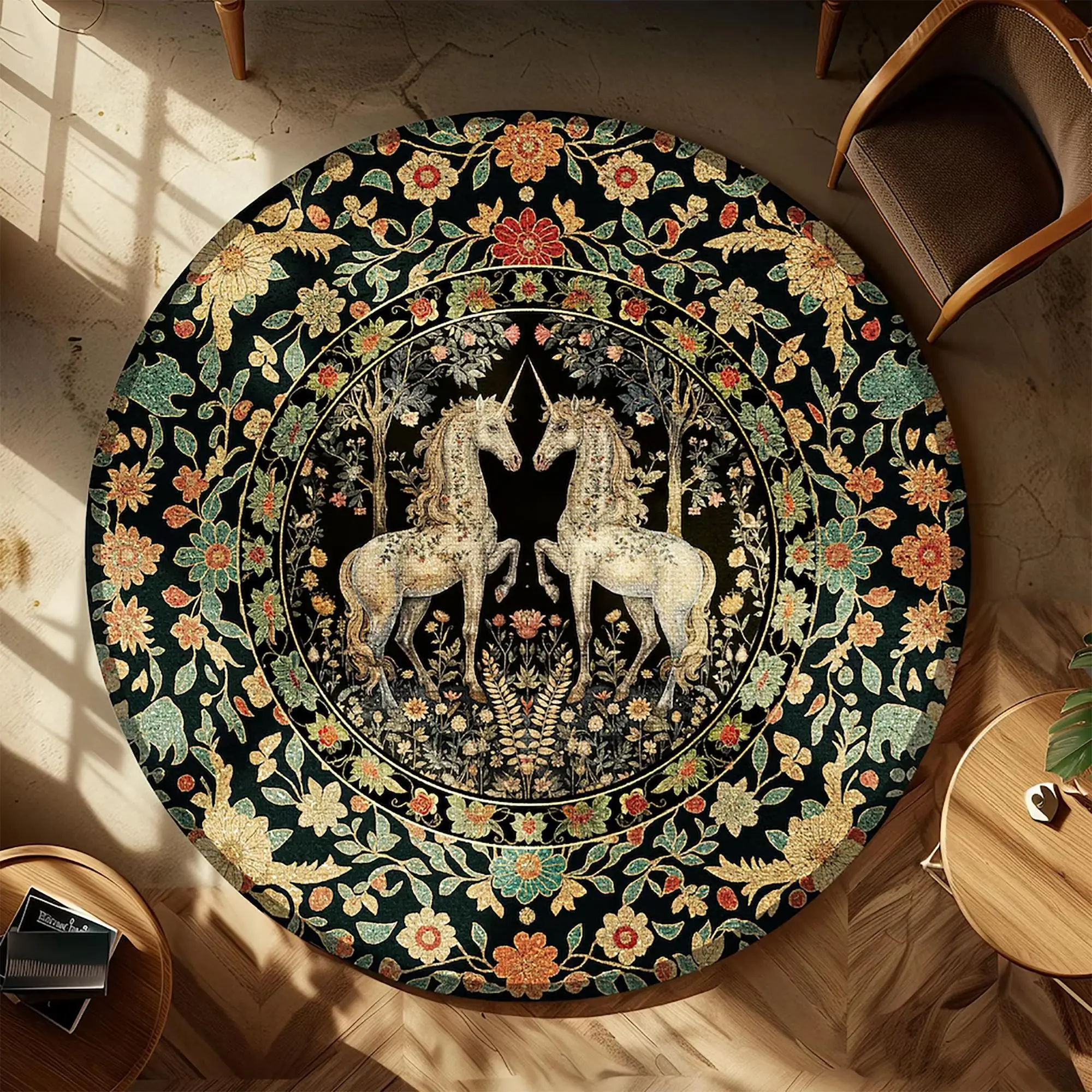 Round Vintage Unicorn Pattern Rug, 1 Count Non-slip Soft Floor Mat, Creative Foldable Machine Washable Rug for Home Living Room Bedroom, Decorative Ar