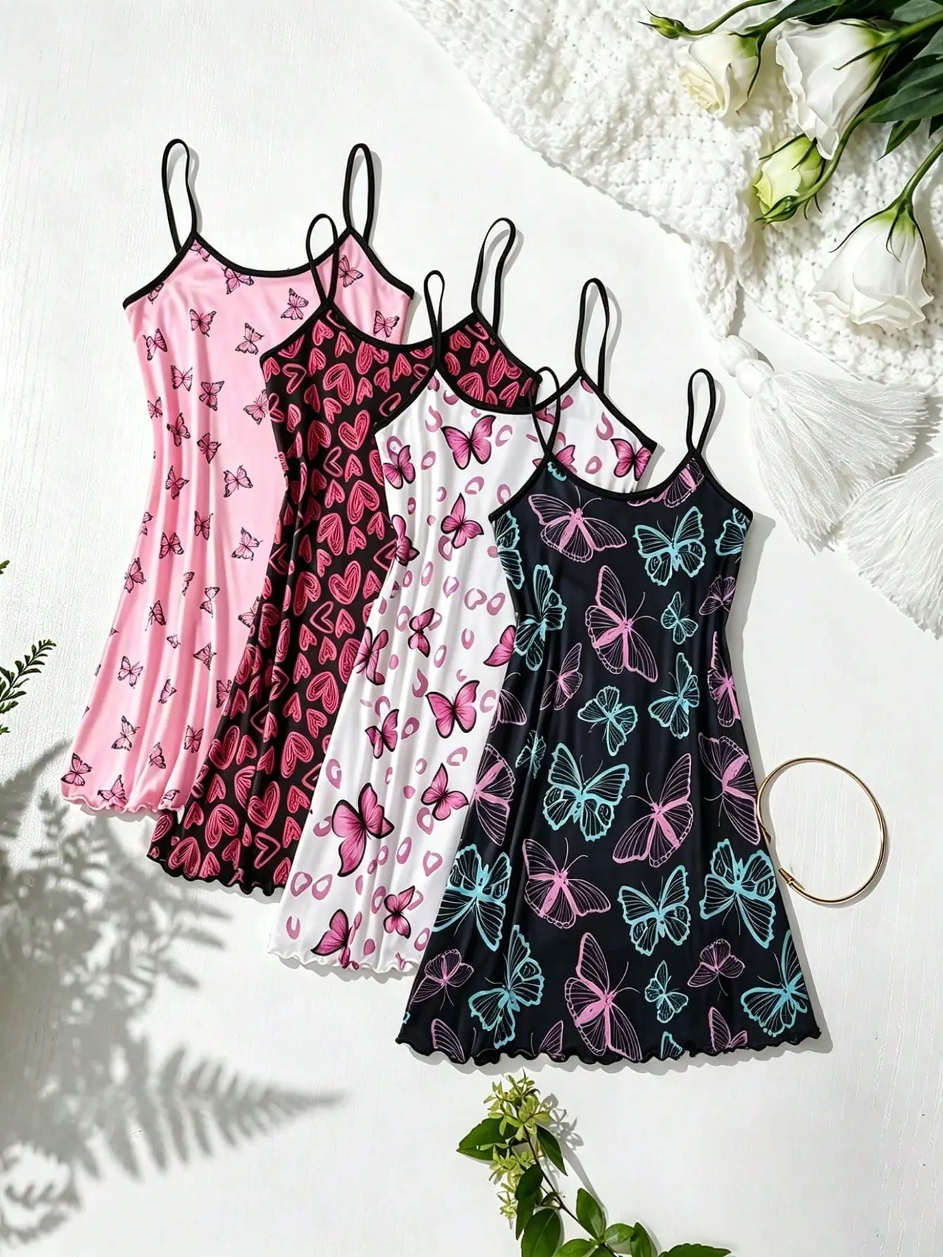 Women's Loungewear 4-Piece Nightdress Set, Cute Cartoon Print Polyester Cami, Matching Lightweight Sleepwear for All Seasons, Elastic, Nightgown