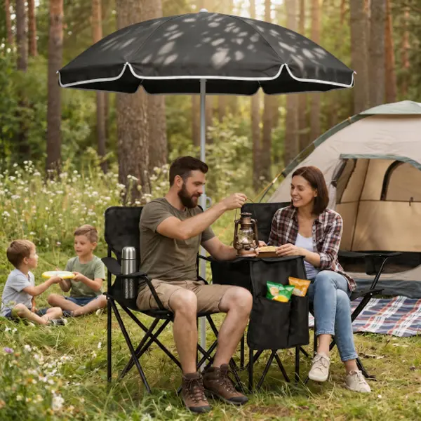 Portable Double Folding Beach Chair Set with Umbrella, 2-Person Outdoor Camping Chair with Cup Holders, Foldable Patio Chair for Picnic, Backyard, Travel