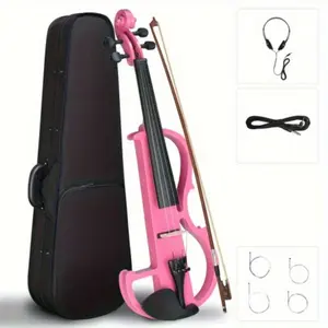 Full Size 4/4 Bunnel Edge Electric Silent Violin with 3-Band EQ, Pink/Piano Black Finish - Solid Wood Construction, Includes Case, Bow, Headphone & Accessories for Silent Practice & Performances