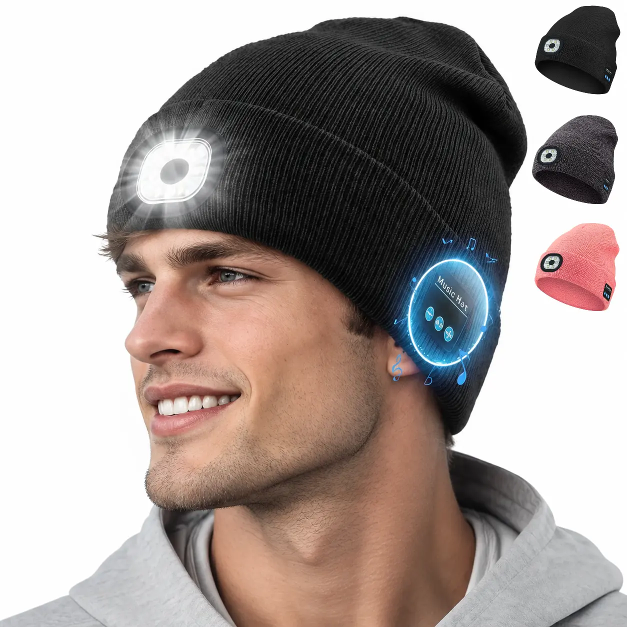 Bluetooth Beanie Hat with LED Light, USB Rechargeable Knit Winter Hat with Wireless Speakers, Unisex Warm Beanie Cap for Running, Camping, Hiking and Outdoor Activities
