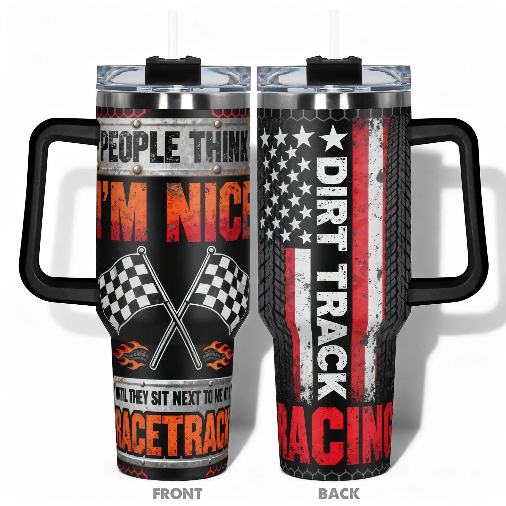 1pc Stainless Steel Cup 40oz/30oz/22oz/20oz/14oz Water Bottle, Drinkware Tumbler, Funny Design With Dirt Track Racing Tire American Flag Double-layer insulation Leakproof Large Capacity, Needed for Gym, Hiking, Travel Ideal Birthd