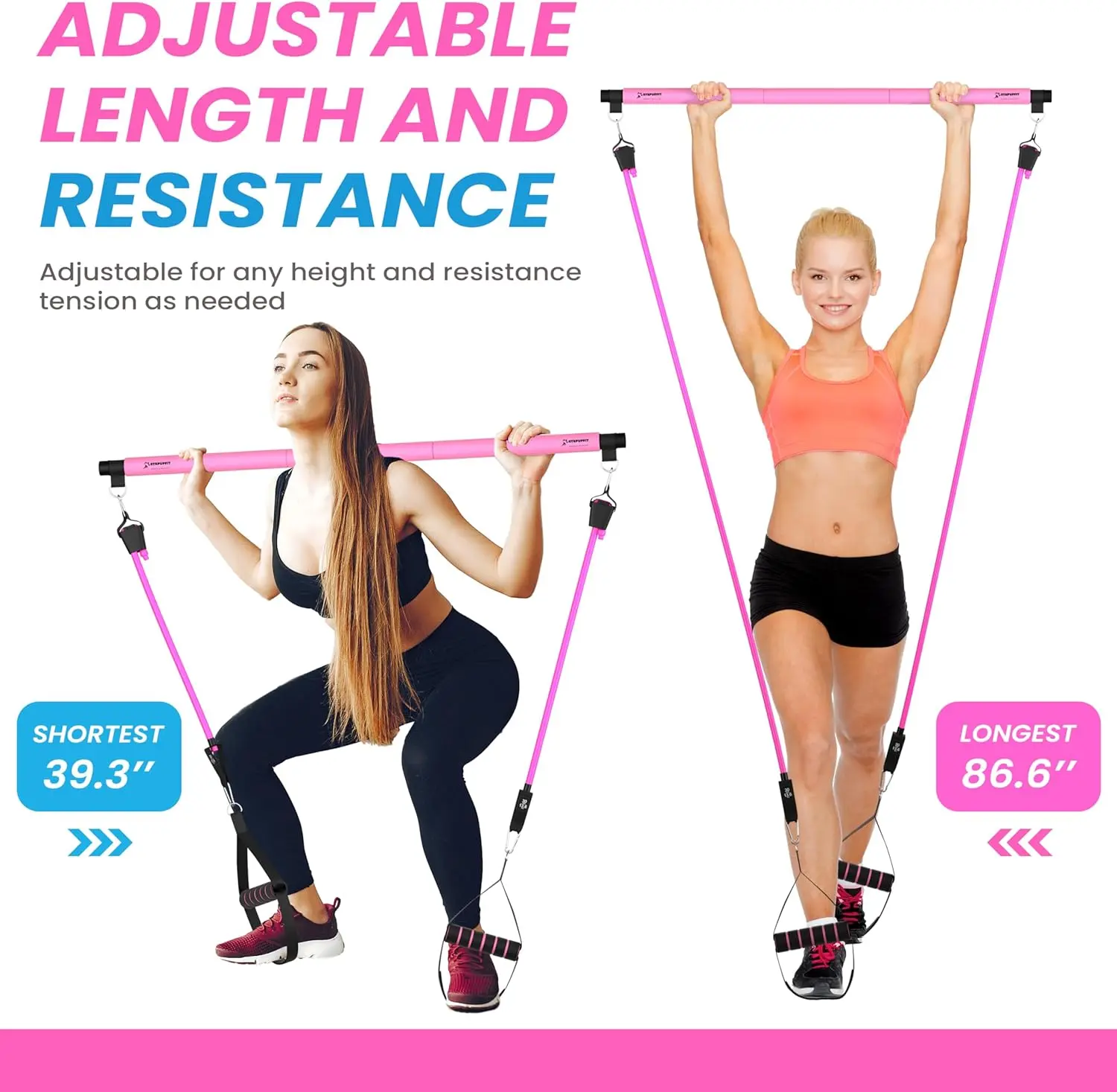 Multifunctional Pilates Bar Kit, 3-Section Adjustable Bar with 6 Resistance Bands & Jump Rope, At-Home Fitness Accessories for Waist Workouts