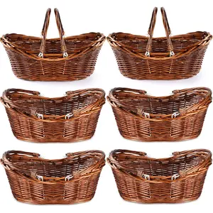 6 count Wicker Picnic Basket with Handle, Hand Woven Harvest Basket Bulk, Wicker Flower Hoppet for Storage, Picnics, Easter, Organizing, Egg Gathering, Candy, Wedding(Dark Brown)