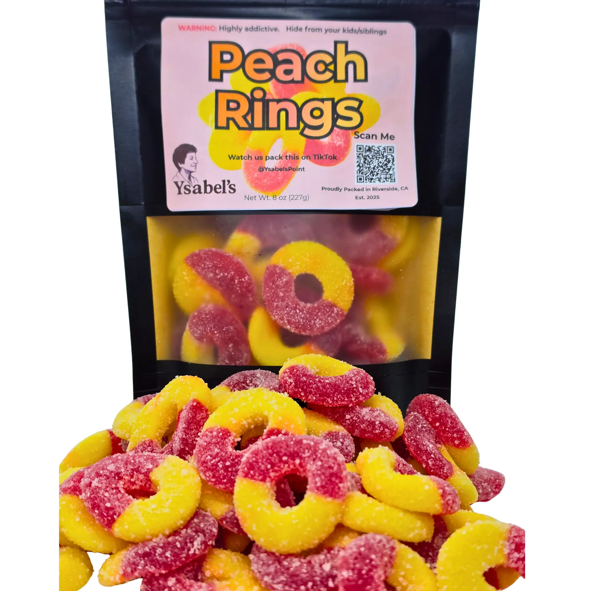 Peach Rings Gummy Candies - Gelatin-Based Gummy Sweets with Fresh Peach Flavor, Syrups-Infused Chewy Fruity Snack in Sealed Resealable Jar Bag
