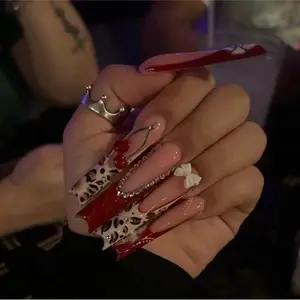 Extended water pipe wearing armor, European, American red French leopard print bow wearing fake nails, finished 24 pieces