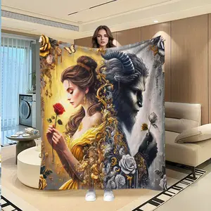 Beauty and Beast Flannel Fleece Blanket, Romantic Couple Design, Warm Cozy Throw, Soft Comfy Blanket, Creative Digital Print, Figure Print Blanket, Custom Image Blanket, Holiday Gift, Multi-Purpose