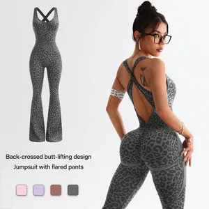 Women’s Leopard Print High-Waist Jumpsuit, Sexy Hollow-Out Criss-Cross Back Design, Fitness Wear, Backless Jumpsuit, Trendy Activewear, Women’s Slim-Fit Sports Suit, Flared Pants, Yoga Set Workout Bodysuit