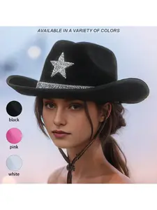 Men's and women's western cowboy hats, European and American wide-brimmed jazz hats, with pentagram rhinestone wide-brimmed belts, suitable for beach partiesSpeedy Smarts