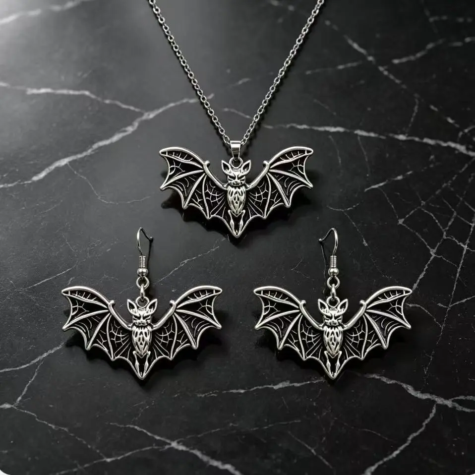 Bat Web Necklace and Earring Set, Vintage Gothic Jewelry for Women and Men, Zinc Alloy Vampire Costume Accessory for Halloween Parties, Summerween, Unisex, Electroplated, Matching Pair, Animals, Funky Unique Accessories