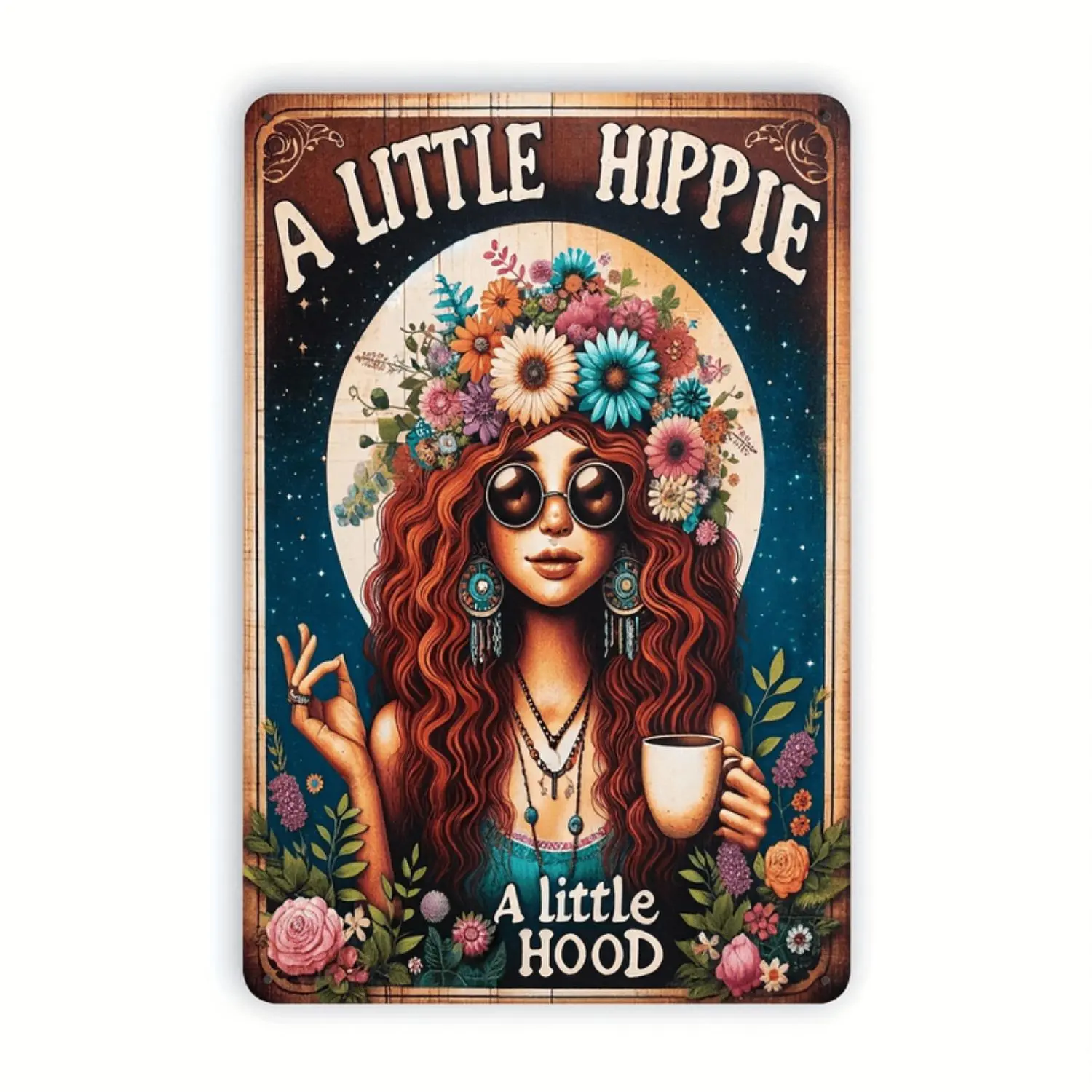Vintage Hippie Metal Tin Sign Home Decor Accessory - 'A Little Hippie, A Little Hood' 8x12 in Iron Print, Pre-Drilled Hanging, English Text, for Room, Bar -