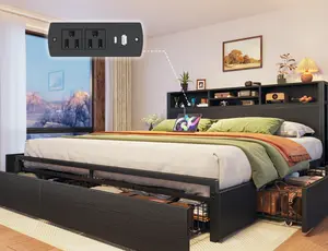 Raybee 6 Drawers Wood Bed Frames for King Queen Full, Luxury Platform Bed Frame with Storage Head Board & Build-in Power Outlet, Holds up to 1000lbs with Metal Frame & Slats, Noise Free, Space Saving for Bedroom