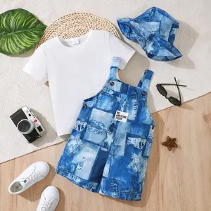 Ready Stock 4-7y Toddler Kid Boys Solid Color Short Sleeve Casual Tee Denim Suspender Shorts Hat 3Pcs Clothes For Summer Outdoor XPTBB123002 Blue Vest