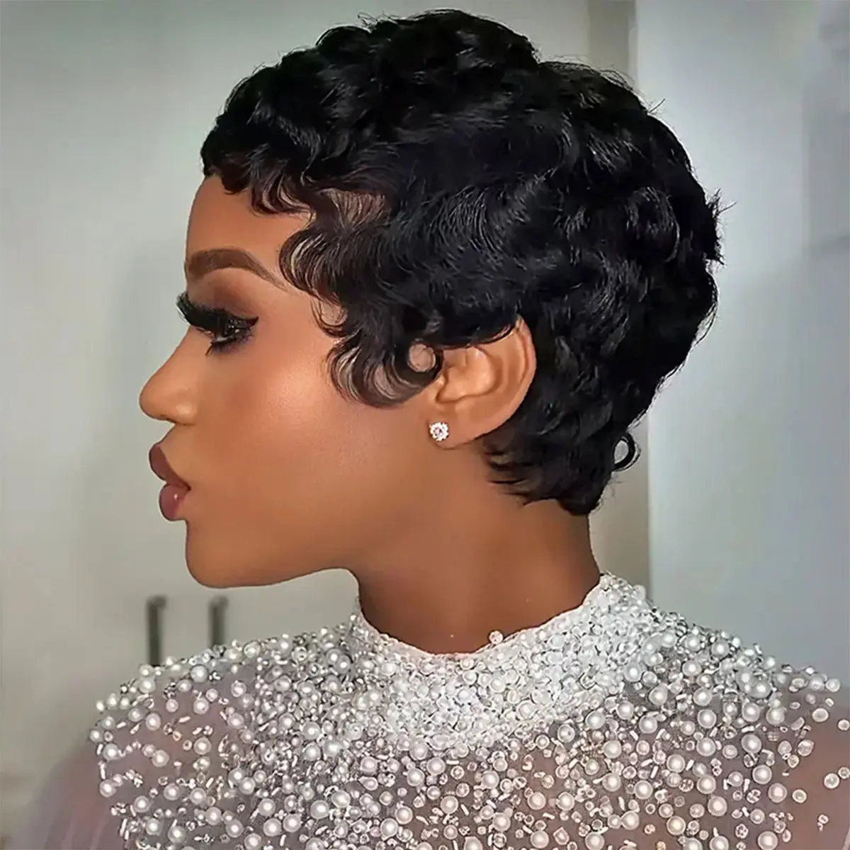 Pixie Cut Idea Short Human Hair Wigs 4 inches Wavy Pin Curls Black Mommy Wig Chioma Wedding Wigs Cute Curly Hair Wigs For Women Cheap Brazilian Virgin Hair Natural Black Chic Style Machine Made Wig