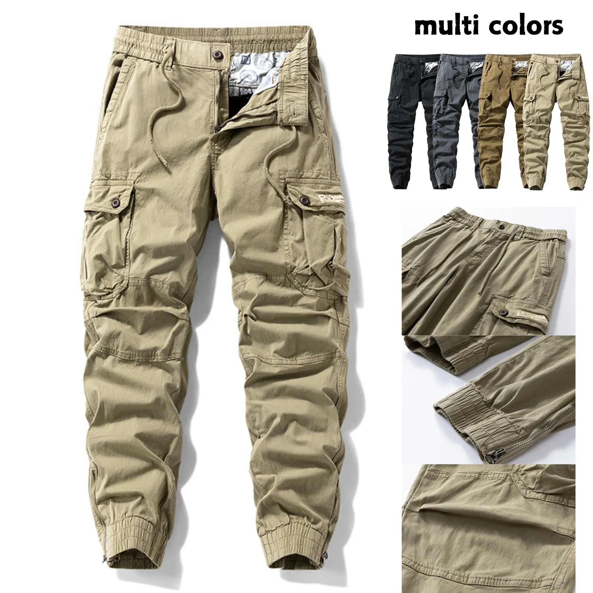 Men's Wear Loose Casual Fit Cargo Pants - Black Plain Casual Streetwear Pants for Men, Drawstring Cuffs, Multiple Pockets, Retro Outdoor Style, Fashion Clothing, Adjustable Men's Pants,clothes for back to school,first day of school outfits