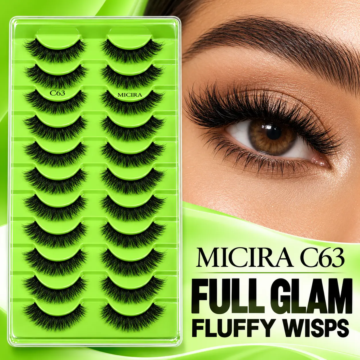 MICIRA C63 Fluffy Wispy Lashes 10 Pairs, Full Volume False Eyelashes, Glamorous Cat Eye Strip Lashes, Thick Soft Lightweight Reusable Falsies for Makeup