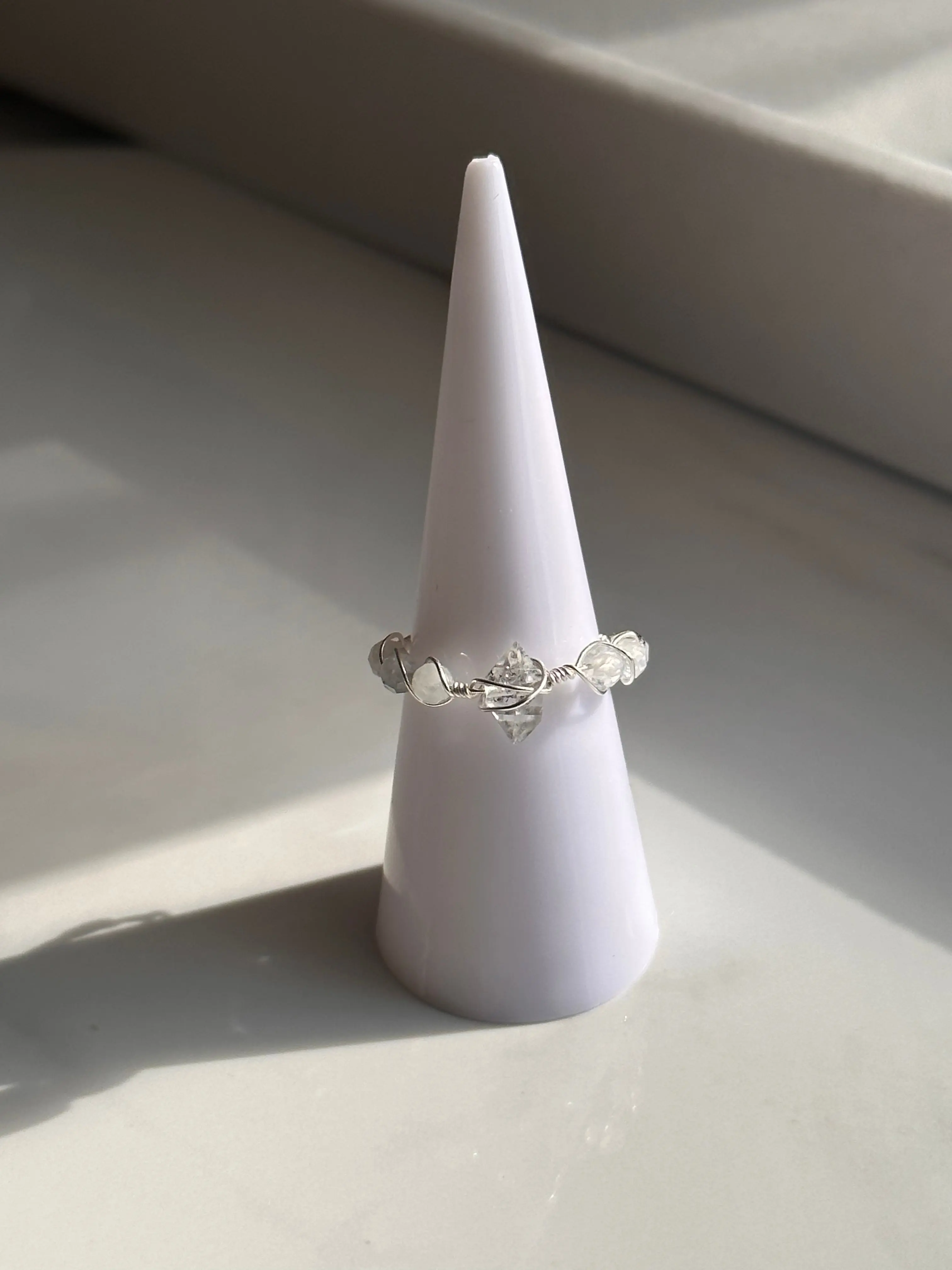 Herkimer & Moonstone Sterling Wire Ring