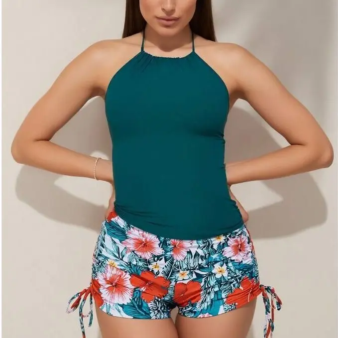 Women's 2-Piece High Neck Halter Tankini Swimwear - Adjustable Straps, Nylon Blend, Abdominal Control, High Waisted Elastic Waist Shorts, Breathable, 2026 UPF 50+, Tropical Design, S-XL Standard Sizes, Loose, Water Sports, Beach Women's Tankinis Set