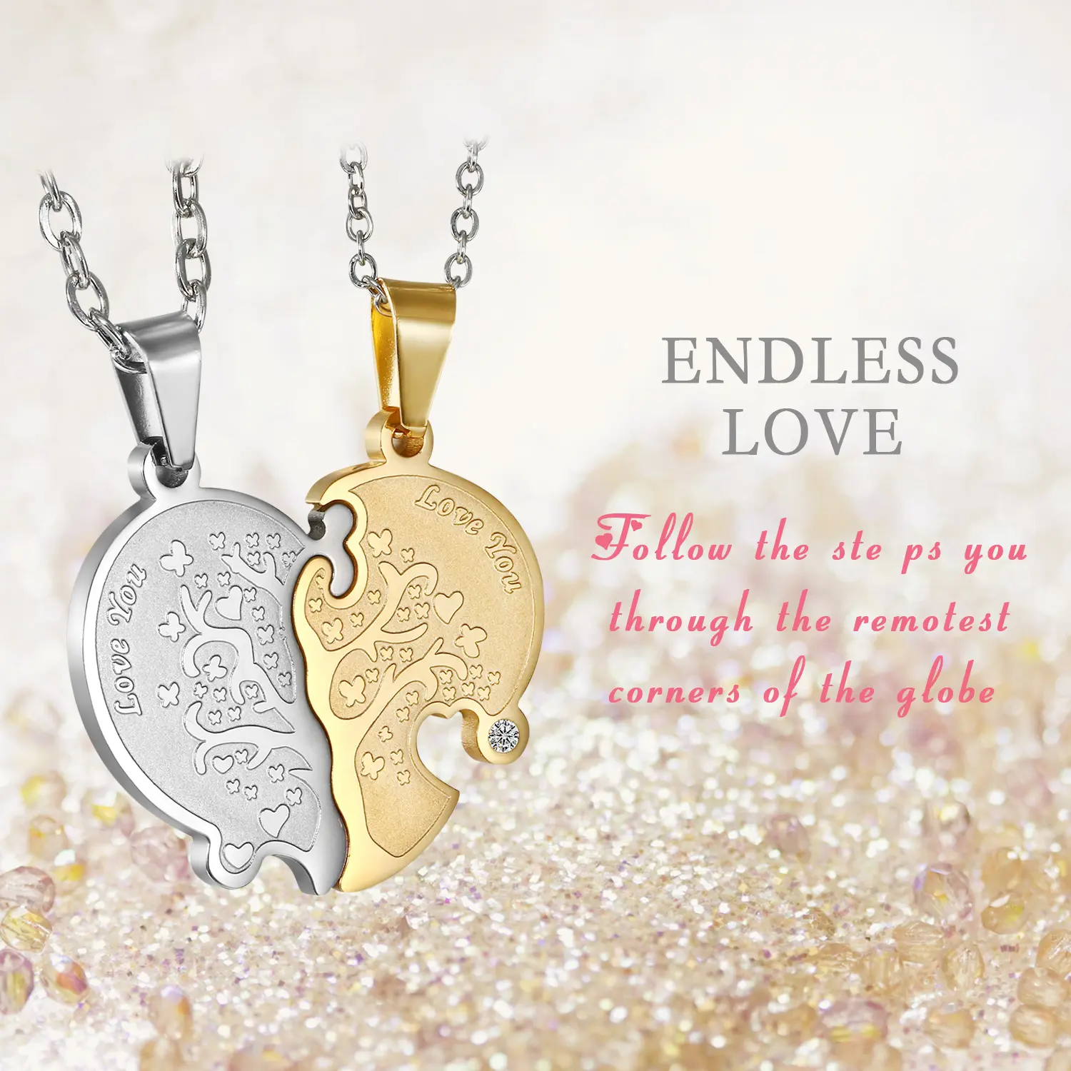 Stainless Steel Matching Couple Necklaces, Unisex Fashion Heart Shaped Pendant with Life Tree Puzzle Design, Letter Necklace Set for Couple-Themed Promise Gifts