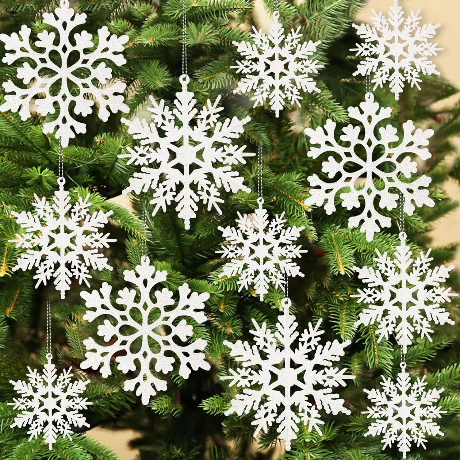 36pcs Plastic Glitter White Snowflakes, Decorative Shine Christmas Tree Ornaments, Festive Indoor Winter Wonderland Home Party Decor